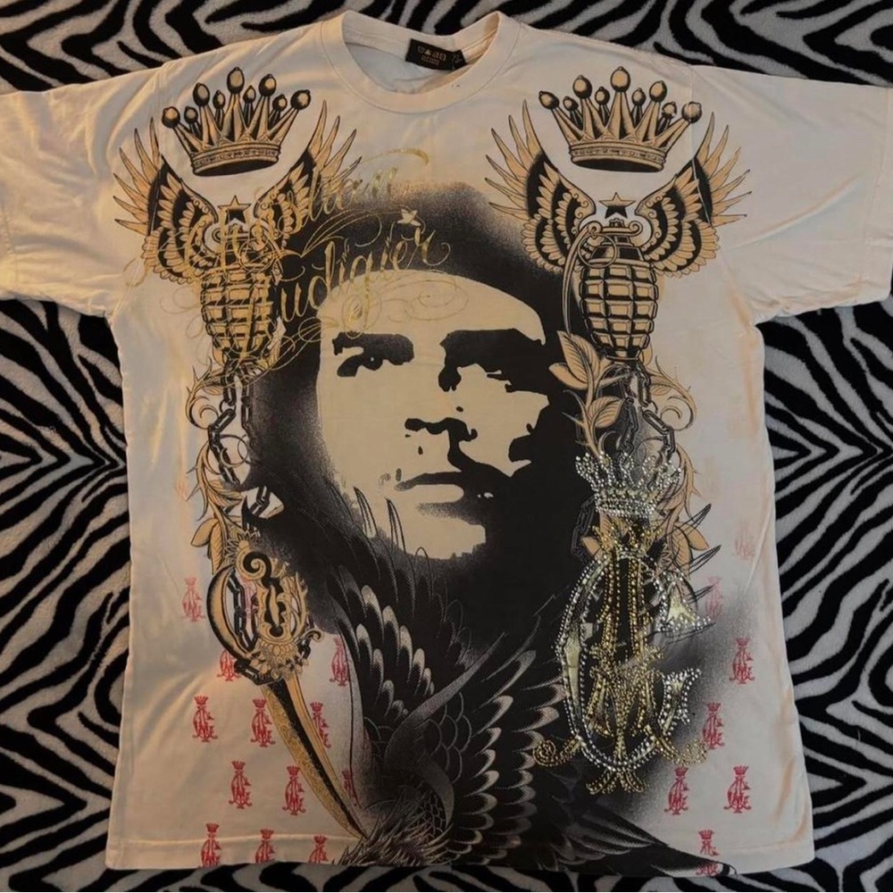 Christian Audigier White Short Sleeve Tee with Black & Gold Graphic